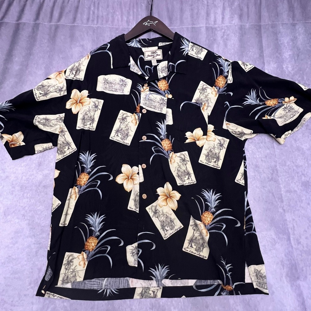 Jamaica Jaxx Shirt Mens XL Black Excellent 100% Silk Tropical Postcard Camp